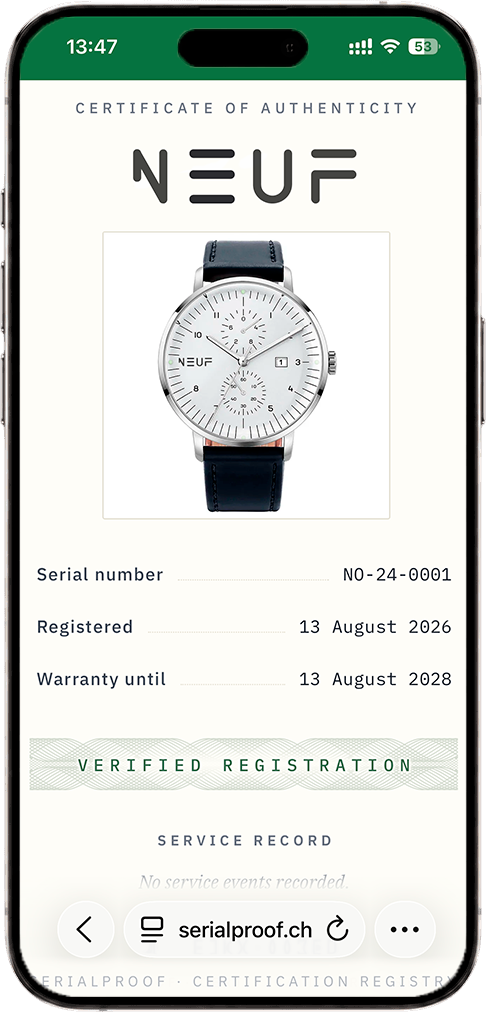 SerialProof digital certificate for a luxury watch